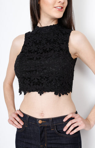 Black Knit Top with Floral Crochet Detail