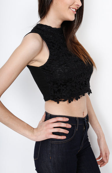 Black Knit Top with Floral Crochet Detail