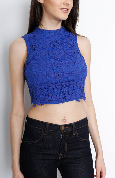 Blue Knit Top with Floral Crochet Detail