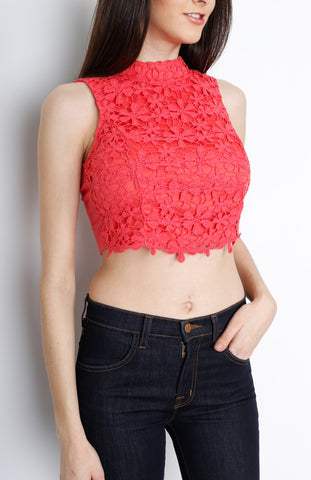 Coral Knit Top with Floral Crochet Detail