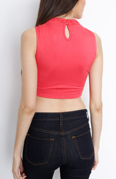 Coral Knit Top with Floral Crochet Detail