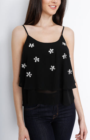 Black Layered Top with Floral Gem Detail