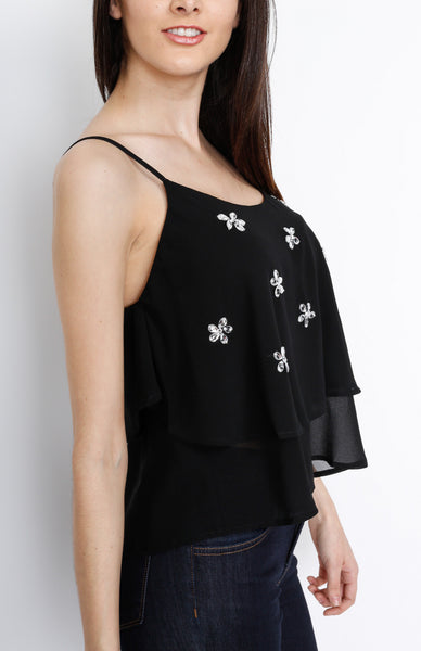 Black Layered Top with Floral Gem Detail