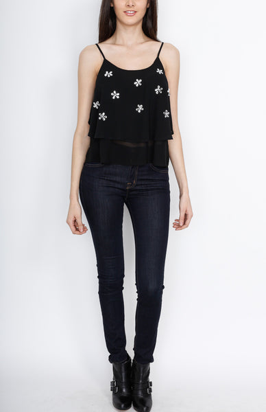 Black Layered Top with Floral Gem Detail