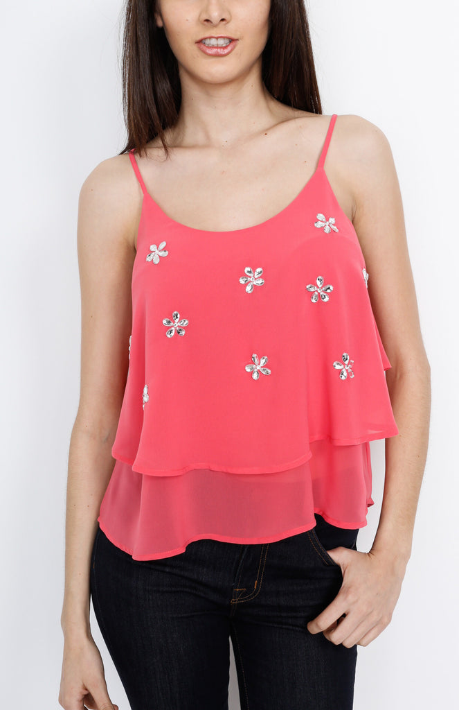 Coral Layered Top with Floral Gem Detail