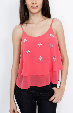 Coral Layered Top with Floral Gem Detail