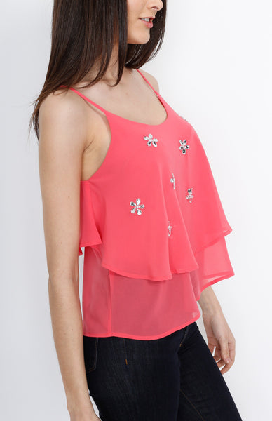 Coral Layered Top with Floral Gem Detail