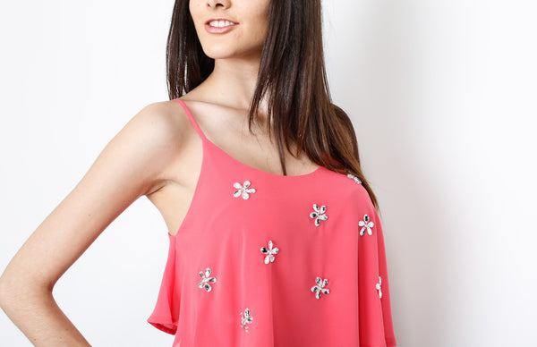 Coral Layered Top with Floral Gem Detail