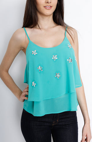 Jade Layered Top with Floral Gem Detail