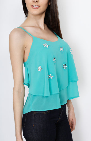 Jade Layered Top with Floral Gem Detail