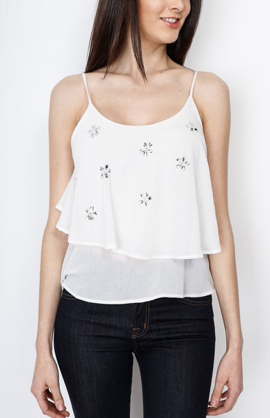 White Layered Top with Floral Gem Detail