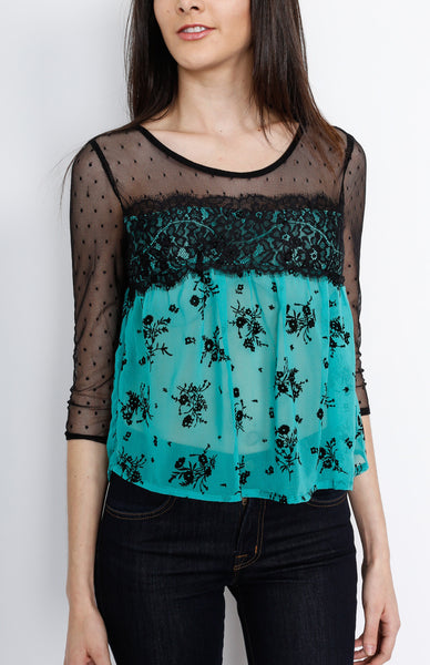 Green Mesh Floral Three Quarter Sleeve