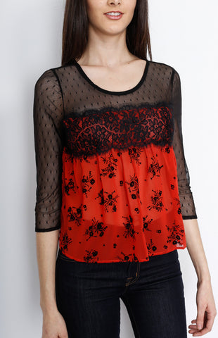 Red Orange Mesh Floral Three Quarter Sleeve