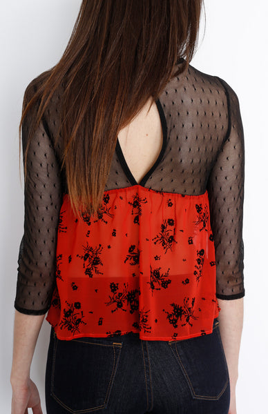 Red Orange Mesh Floral Three Quarter Sleeve