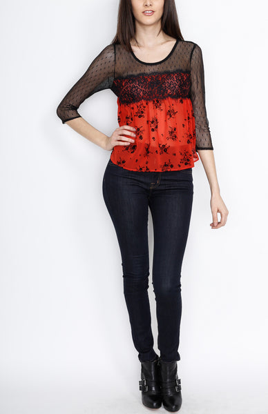 Red Orange Mesh Floral Three Quarter Sleeve