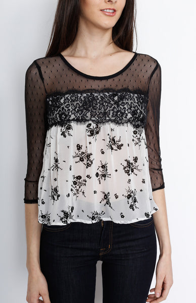 White Mesh Floral Three Quarter Sleeve