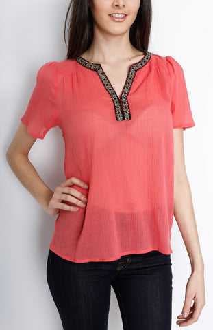 Coral Woven Top with Neck Detail