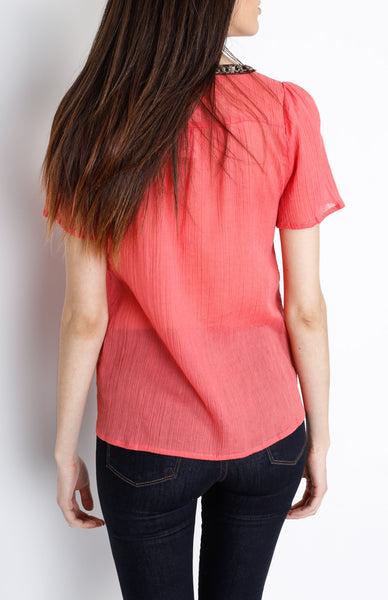 Coral Woven Top with Neck Detail