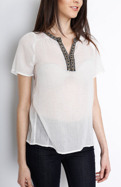 White Woven Top with Neck Detail