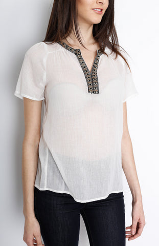 White Woven Top with Neck Detail