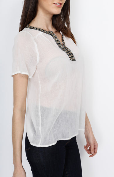 White Woven Top with Neck Detail