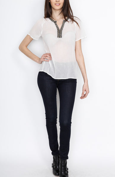 White Woven Top with Neck Detail