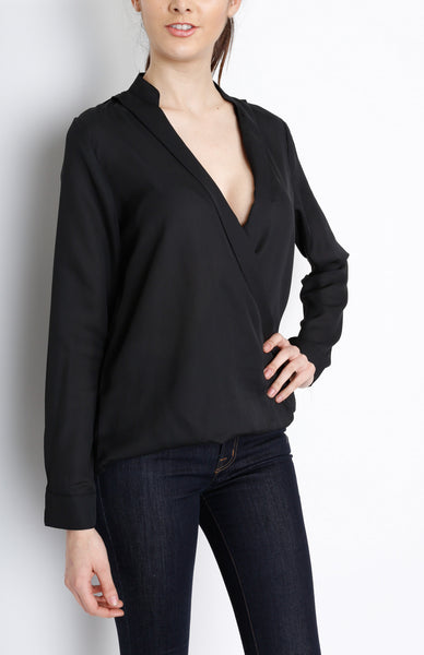 Black Long Sleeve Faux Wrap Top