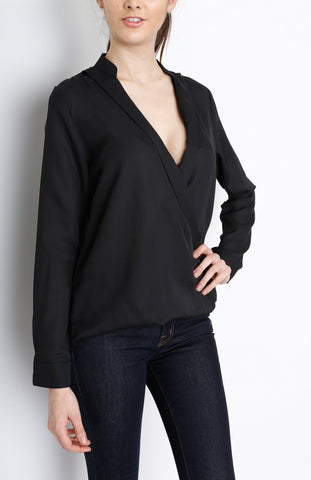 Black Long Sleeve Faux Wrap Top