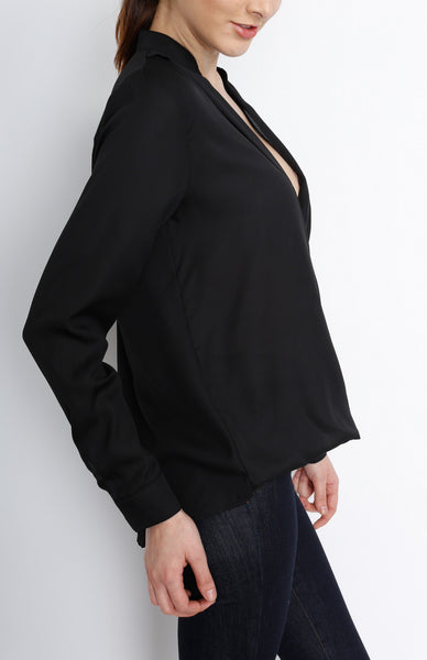 Black Long Sleeve Faux Wrap Top