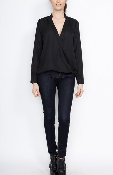 Black Long Sleeve Faux Wrap Top