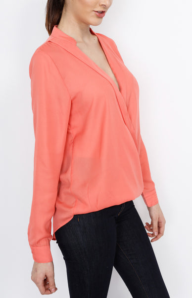 Coral Long Sleeve Faux Wrap Top