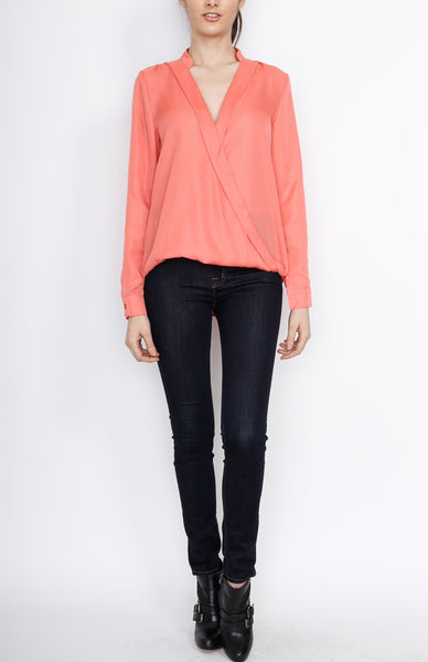 Coral Long Sleeve Faux Wrap Top
