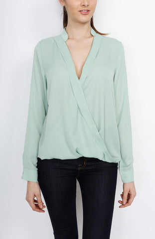 Dusty Mint Long Sleeve Faux Wrap Top