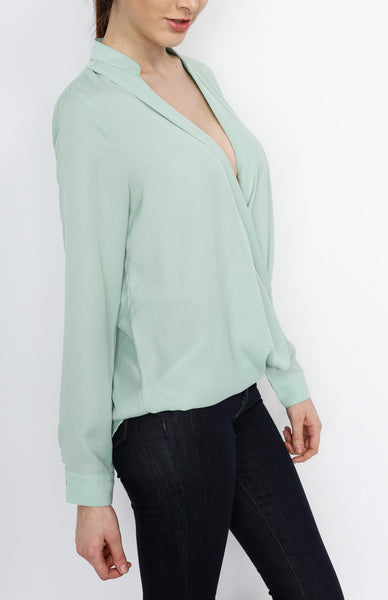 Dusty Mint Long Sleeve Faux Wrap Top