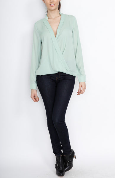 Dusty Mint Long Sleeve Faux Wrap Top