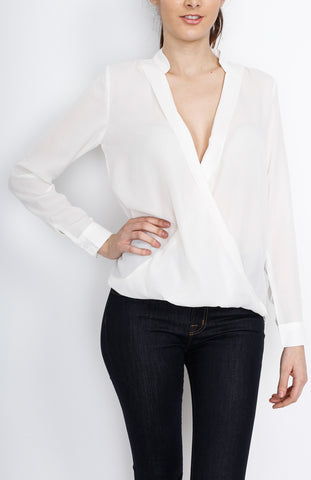 White Long Sleeve Faux Wrap Top