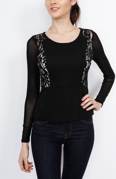 Black Mesh Long Sleeve with Floral Detail