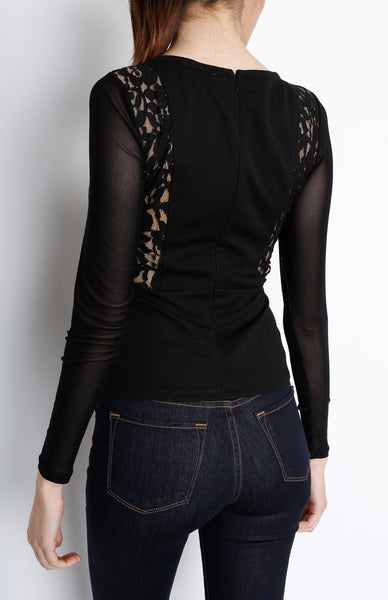 Black Mesh Long Sleeve with Floral Detail