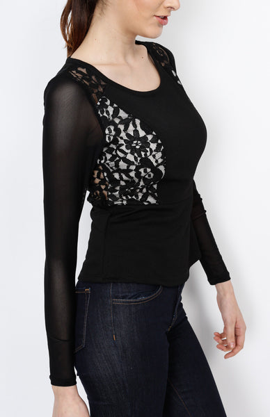 Black Mesh Long Sleeve with Floral Detail