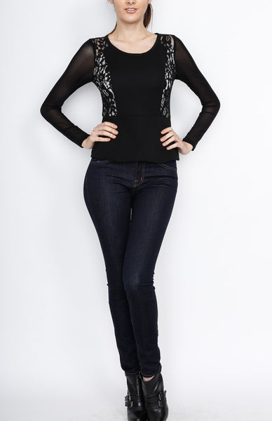 Black Mesh Long Sleeve with Floral Detail