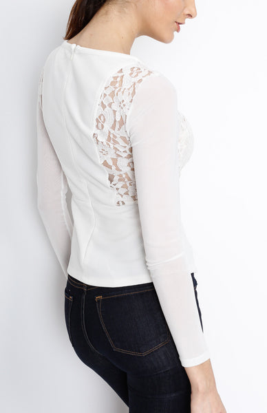 White Mesh Long Sleeve with Floral Detail