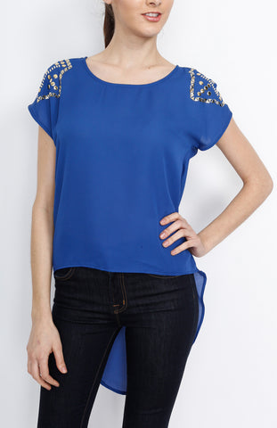 Blue Hi Low Sleeveless Top with Studded Detail