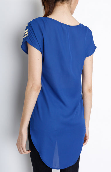 Blue Hi Low Sleeveless Top with Studded Detail