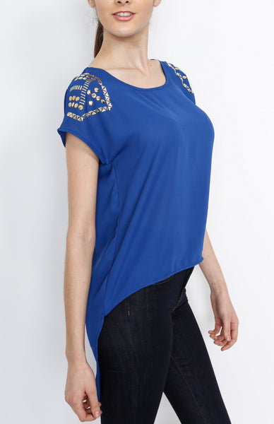 Blue Hi Low Sleeveless Top with Studded Detail