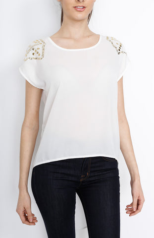 Ivory Hi Low Sleeveless Top with Studded Detail