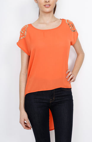 Orange Hi Low Sleeveless Top with Studded Detail