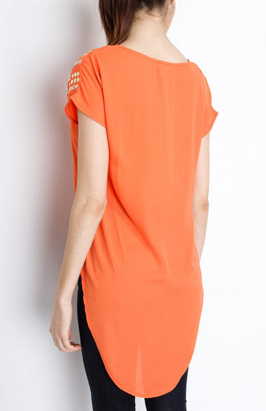 Orange Hi Low Sleeveless Top with Studded Detail