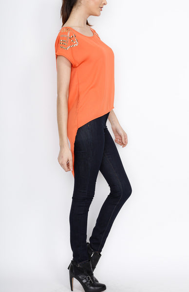 Orange Hi Low Sleeveless Top with Studded Detail