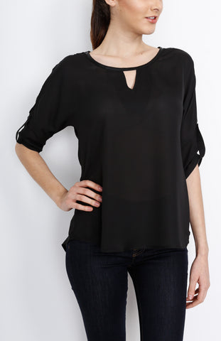 Black 3/4 Sleeve Top with PU Detail