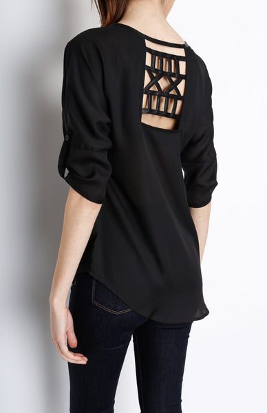 Black 3/4 Sleeve Top with PU Detail